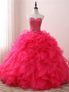 Simple Hot Pink Ball Gowns Sweetheart Sleeveless Organza Floor Length Lace Up Beading and Ruffles Quinceanera Gown