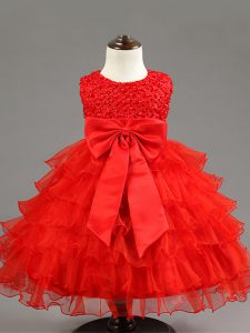 Low Price Organza Sleeveless Knee Length Child Pageant Dress and Ruffled Layers and Bowknot