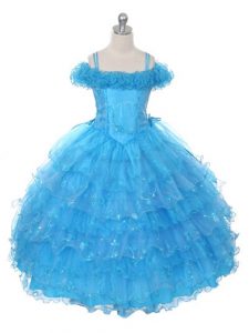 Off The Shoulder Sleeveless Girls Pageant Dresses Floor Length Ruffles and Ruffled Layers Baby Blue Organza