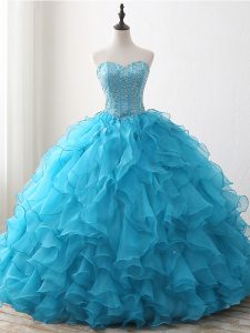 Cute Baby Blue Ball Gowns Sweetheart Sleeveless Organza Floor Length Lace Up Beading and Ruffles Sweet 16 Dress