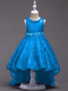 Custom Made Blue Lace Up Little Girls Pageant Dress Wholesale Beading Sleeveless High Low