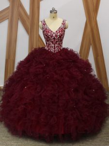 Burgundy Sleeveless Organza Backless Sweet 16 Quinceanera Dress for Military Ball and Sweet 16 and Quinceanera