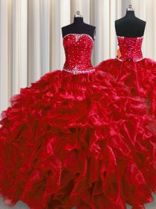 Wonderful Floor Length Wine Red Quinceanera Gowns Organza Sleeveless Beading and Ruffles