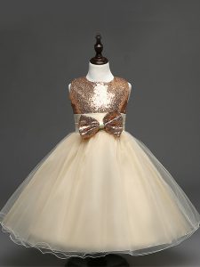 Classical Ball Gowns Kids Pageant Dress Champagne Scoop Tulle Sleeveless Tea Length Zipper