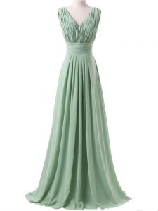 Artistic Sleeveless Chiffon Floor Length Lace Up Damas Dress in Apple Green with Ruching