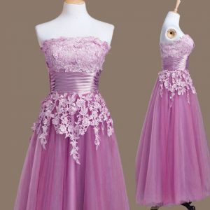 Tulle Strapless Sleeveless Lace Up Appliques Quinceanera Dama Dress in Lilac
