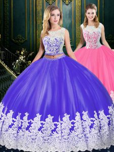 Inexpensive Blue And White Clasp Handle Scoop Appliques and Embroidery Quinceanera Dresses Tulle Sleeveless