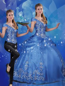 Fine Floor Length Blue Ball Gown Prom Dress Organza Cap Sleeves Beading and Embroidery