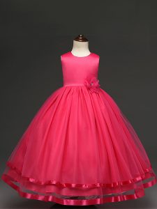 Customized Hot Pink Sleeveless Floor Length Hand Made Flower Zipper Little Girl Pageant Gowns
