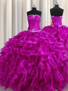 Dazzling Fuchsia Lace Up Quinceanera Gowns Beading and Ruffles Sleeveless Floor Length