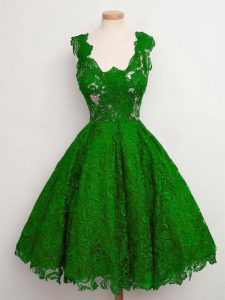 Green Sleeveless Knee Length Lace Lace Up Quinceanera Court of Honor Dress