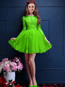 Spectacular A-line Quinceanera Court Dresses Green Scalloped Chiffon 3 4 Length Sleeve Mini Length Lace Up
