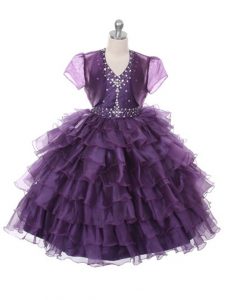 Excellent Purple Lace Up Halter Top Ruffled Layers Little Girl Pageant Dress Organza Sleeveless