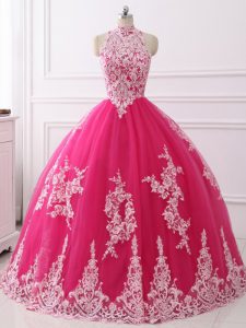 Designer Hot Pink High-neck Zipper Lace Sweet 16 Dress Sleeveless