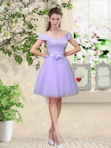 Custom Made Lilac V-neck Lace Up Lace and Belt Dama Dress Cap Sleeves