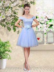 Cap Sleeves Knee Length Lace and Belt Lace Up Dama Dress for Quinceanera with Lavender