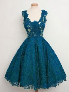 Teal Lace Up Straps Lace Quinceanera Court of Honor Dress Lace Sleeveless
