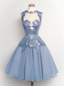 Customized Light Blue A-line Chiffon High-neck Sleeveless Lace Knee Length Lace Up Quinceanera Court of Honor Dress