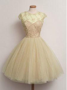 Top Selling Lace Quinceanera Court of Honor Dress Champagne Lace Up Cap Sleeves Knee Length