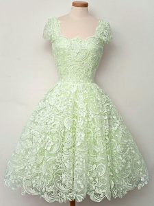 Modest Yellow Green A-line Lace Straps Cap Sleeves Lace Knee Length Lace Up Quinceanera Court Dresses