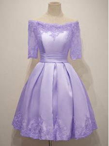 Sexy Taffeta Off The Shoulder Half Sleeves Lace Up Lace Damas Dress in Lavender