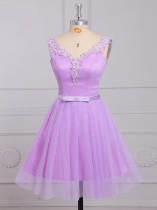 Glittering Sleeveless Mini Length Appliques and Belt Lace Up Court Dresses for Sweet 16 with Lilac