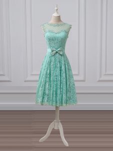Suitable Apple Green Sleeveless Knee Length Lace and Bowknot Lace Up Dama Dress