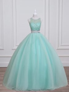 Comfortable Aqua Blue Organza and Taffeta Lace Up Scoop Sleeveless Floor Length Quinceanera Gowns Beading