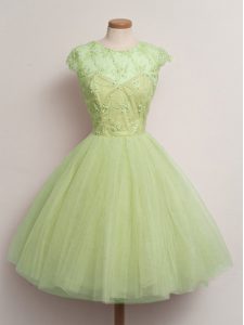 Customized Yellow Green Scoop Lace Up Lace Quinceanera Court Dresses Cap Sleeves