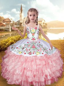 Super Straps Sleeveless Pageant Gowns For Girls Floor Length Embroidery and Ruffled Layers Baby Pink Organza and Taffeta