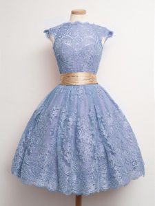 Blue Lace Lace Up High-neck Cap Sleeves Knee Length Dama Dress for Quinceanera Belt