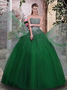 Fantastic Dark Green Ball Gowns Beading Sweet 16 Dress Lace Up Tulle Sleeveless Floor Length