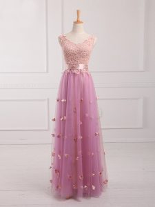 Customized Lilac Lace Up Quinceanera Court of Honor Dress Lace and Appliques Sleeveless Floor Length