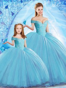 Dramatic Baby Blue Sleeveless Beading Lace Up Quinceanera Dress