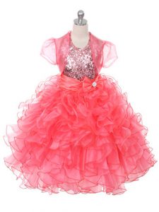 Coral Red Sleeveless Ruffles and Sequins and Bowknot Floor Length Child Pageant Dress