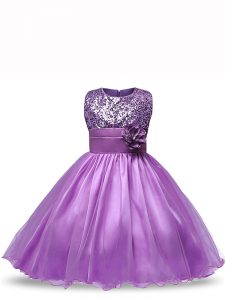 Purple Organza Zipper Little Girl Pageant Dress Sleeveless Knee Length Sequins and Hand Made Flower