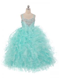 Straps Sleeveless Lace Up Little Girls Pageant Gowns Aqua Blue Organza