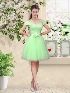 Captivating Apple Green A-line Lace and Belt Quinceanera Court Dresses Lace Up Tulle Cap Sleeves Knee Length