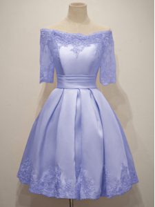 Nice Lavender A-line Taffeta Off The Shoulder Half Sleeves Lace Knee Length Lace Up Dama Dress for Quinceanera