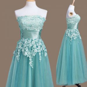 Artistic Light Blue Empire Strapless Sleeveless Tulle Tea Length Lace Up Appliques Dama Dress for Quinceanera