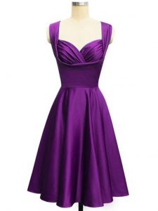 Eggplant Purple Taffeta Lace Up Straps Sleeveless Knee Length Quinceanera Court of Honor Dress Ruching