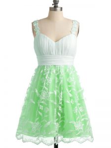Knee Length Apple Green Quinceanera Dama Dress Straps Sleeveless Lace Up