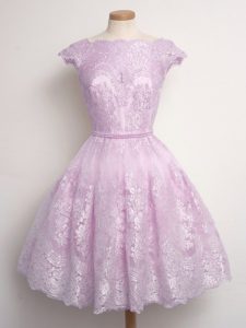 Pretty Lilac Cap Sleeves Lace Lace Up Quinceanera Court of Honor Dress for Prom and Party and Wedding Party