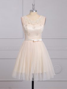 Mini Length Champagne Dama Dress for Quinceanera Lace Sleeveless Appliques and Belt