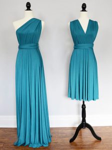 Floor Length Empire Sleeveless Teal Dama Dress for Quinceanera Lace Up