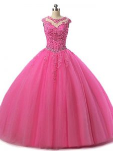 Hot Pink Ball Gowns Tulle Scoop Sleeveless Beading and Lace Floor Length Lace Up Sweet 16 Dress