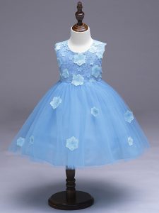 Graceful Light Blue Sleeveless Knee Length Appliques and Bowknot Zipper Little Girl Pageant Dress