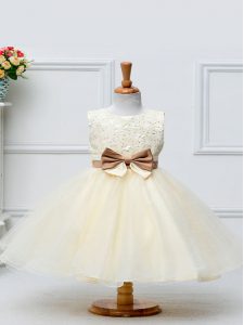 Hot Selling Champagne Scoop Zipper Lace and Bowknot Kids Formal Wear Sleeveless