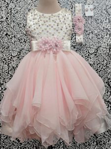 Elegant Baby Pink Scoop Backless Beading and Hand Made Flower Girls Pageant Dresses Sleeveless