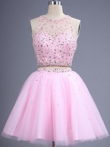 Pink Sleeveless Knee Length Beading and Lace Zipper Quinceanera Dama Dress